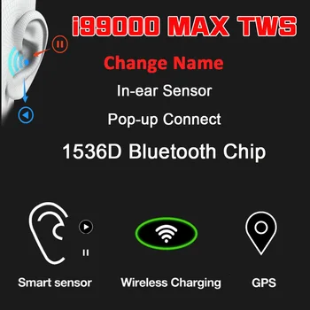 

i99000 MAX TWS Bluetooth Earphones 1536 D Chip GPS Location Rename Smart Sensor Wireless Earbuds 9D Super Bass PK i9000 Pro TWS