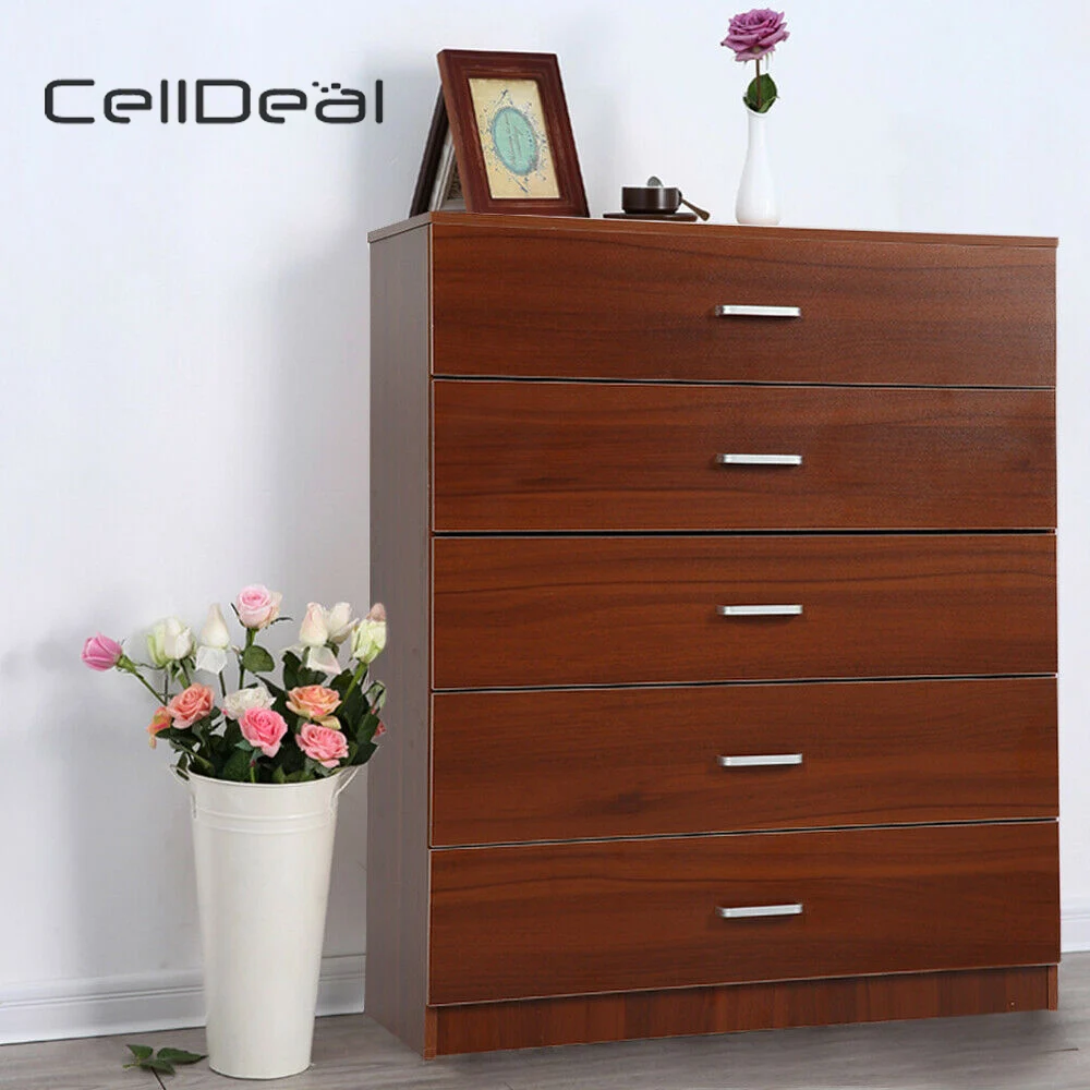 

Chest of Drawers Walnut 5 Drawer Metal Handles Runners Bedroom Furniture Wooden Drawers Livingroom Furniture Storage Cabinet