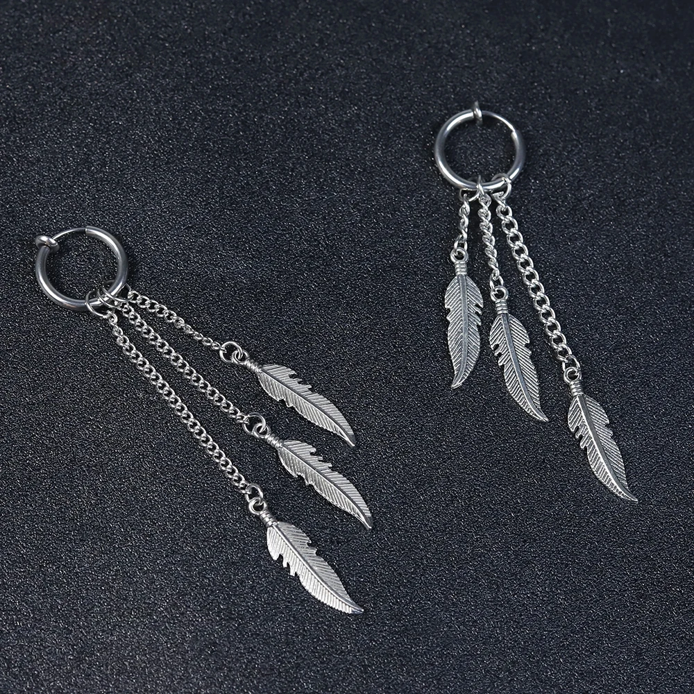 

Men Punk Stainless Steel Stud Earring Earrings Feather Tassel Long Chain Pendant Unisex Trend Rock Hipster Ear Clip Woman Gift