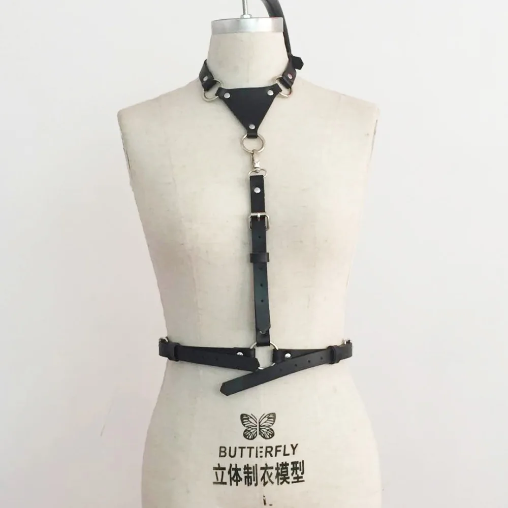 Choker Neck Pu Leather Harness Garter belts Women Black Sexy Lingerie Tops Cage Bra BDSM Bondage Goth Full Dance underwear