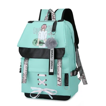 

Big School Bags for Teenage Girls Backpack Schoolbag Large Green USB Printing Cute Girls Bookbags Student Fashion Ribbon Bow New