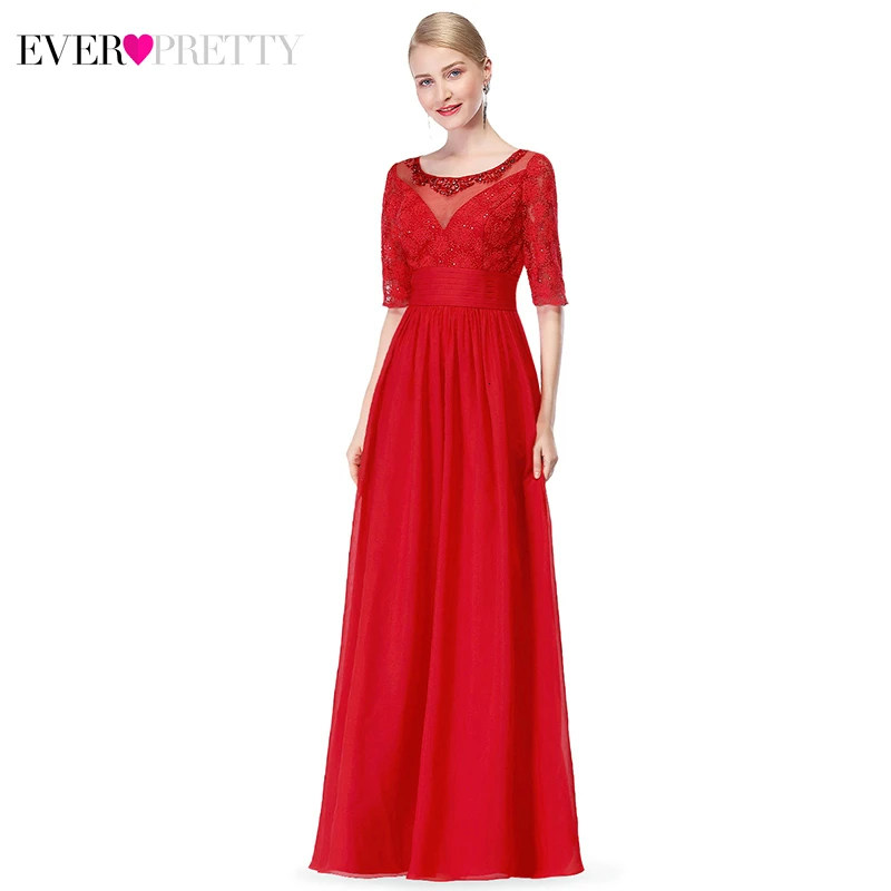 

Vinatge Red Evening Dresses Long Ever Pretty EP08655RD A-Line O-Neck Half Sleeve Beaded Elegant Chiffon Party Gowns Abendkleider