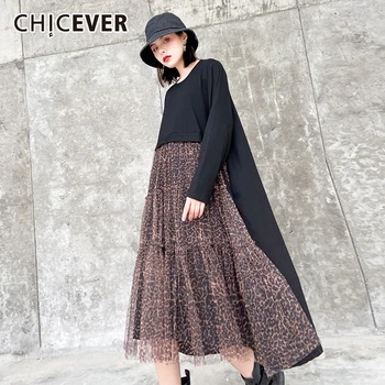 

CHICEVER Patchwork Leopard Hit Color Dress Women O Neck Long Sleeve Oversize Irregular Midi Dresses Female 2020 Spring Clothes