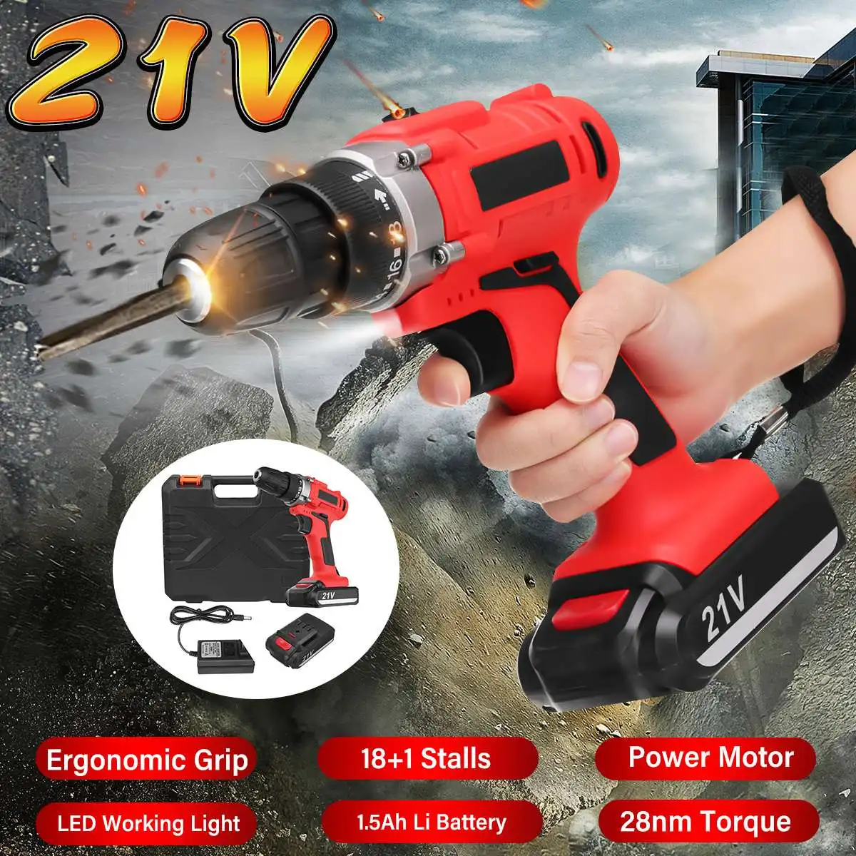

21V 300W Rechargeable Multifunctional Electric Hand Drill Lithium Electric Drill W/LED Light Power Tools Woodworking Tools