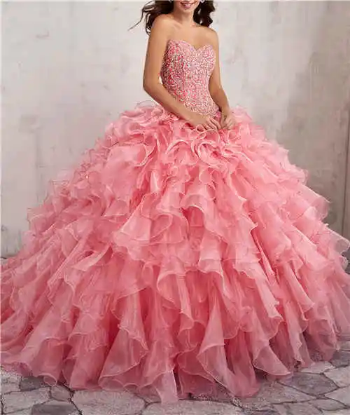pink Бальные платья Бисероплетение Аппликации кристаллы органза тюль vestido de 15 anos Многослойные милые 16 платья с курткой - Цвет: pink