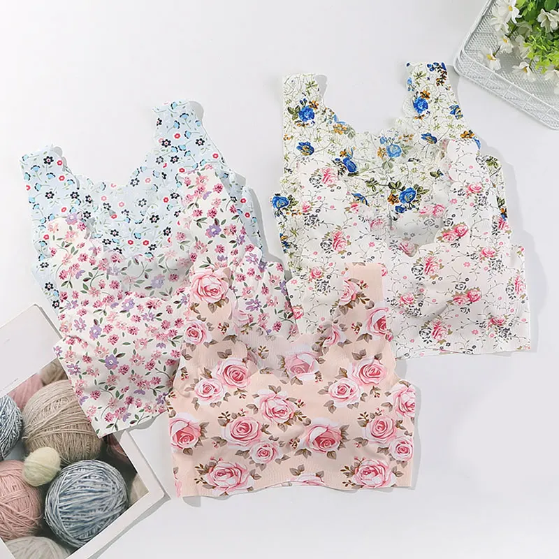 

Women Sexy Bra Seamless Ice Silk Bralette Sweet Fashion Floral Print Push Up Bra Comfort Skiny Lingerie 2020 Female Padded Bras