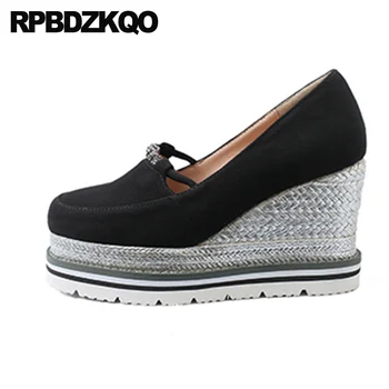

high heels suede slip on pumps square toe size 4 34 quality platform shoes women black genuine leather luxury wedge 2019 pink