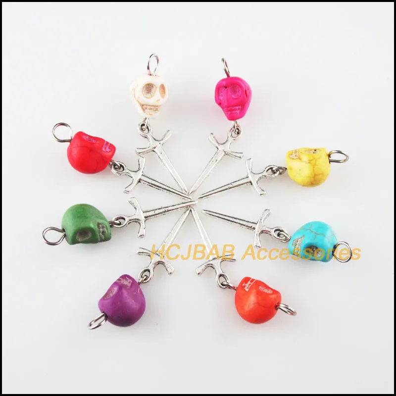 

16Pcs Retro Tibetan Silver Plated Halloween Skull Stone Mixed Beads Charms Cross Pendants 8x36mm