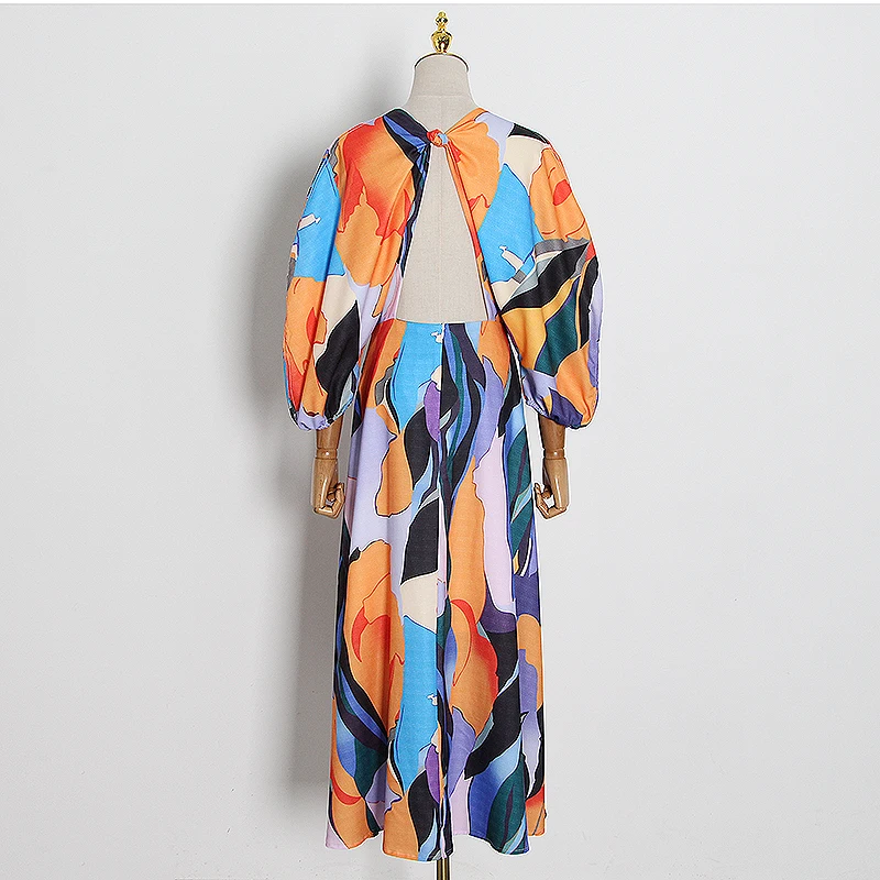 主图 (2).JPG TWOTWINSTYLE Casual Print Summer Dress Women V Neck Lantern Half Sleeve High Waist Hollow Out Hit Color Midi Dresses For Female