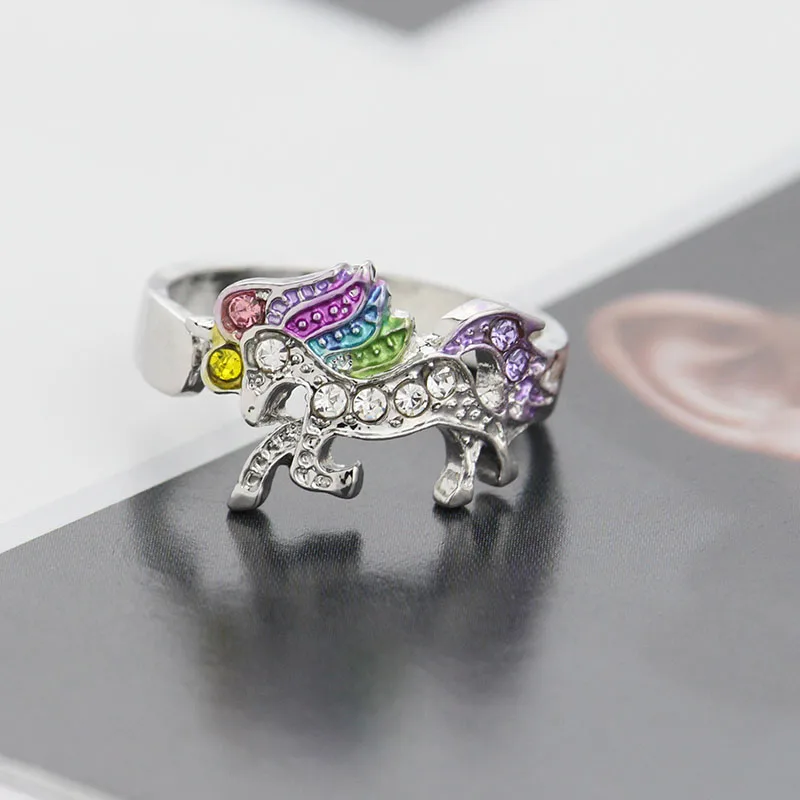 

Elegant Unicorn Ring Silver Multicolor Colorful Alloy Jewelry Unique Animal Anillo For Party Personility Ring Drop Shipping