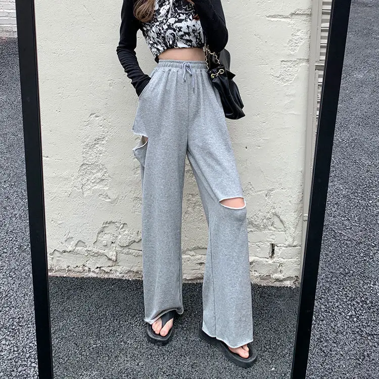 

Pants Women Streetwear Sexy Holes Harajuku Female Retro High Waist 2-colors Solid Simple Loose Comfortable Mujer Leisure Lazy