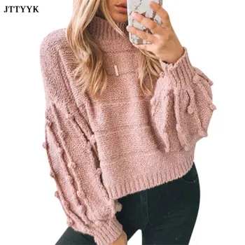 

2020 Autumn/Winter New Solid Color Womens Sweater Casual Flared sleeves knitting High Neck Loose elegant Sweater Thick Warm Tops