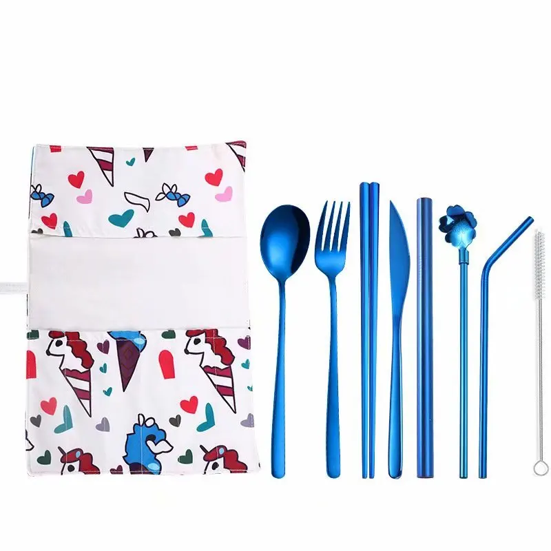 Stainless Steel Cutlery Set 9pcs Dinnerware Set Western Food Steel Cutlery Tableware Christmas Gift Forks Knives Spoons Set - Цвет: 9pcs blue4