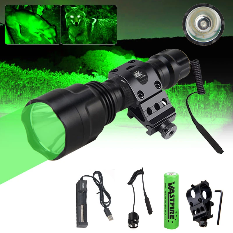 5000Lm CREE Green LED Flashlight Torch Light Pressure Switch Hunting Rifle Mount