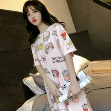 Милая Ночная рубашка с рисунком из мультфильма; женские пижамы с круглым вырезом; короткий рукав; длина до колена; ночная рубашка
