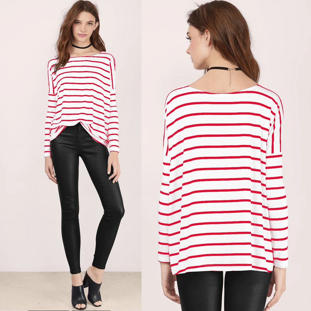 

Autumn and Winter New Fashion Loose Size Round Neck Long Sleeve Stripe T-shirt Bottom Shirt for Women