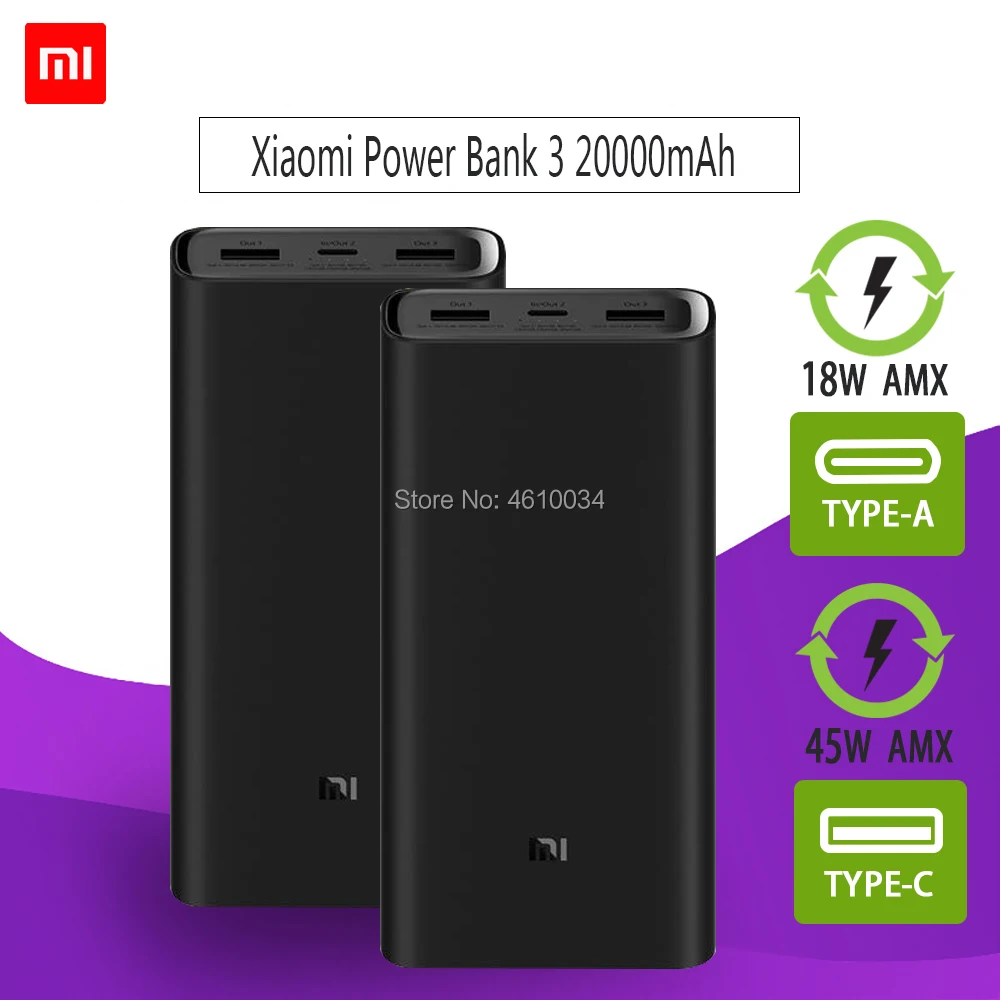 2 шт. Xiao mi power Bank 3 20000 мАч Pro 45 Вт PD быстрое зарядное устройство для ноутбука mi power Bank PLM07ZM тройной USB выход USB-C 45 Вт 20000 мАч