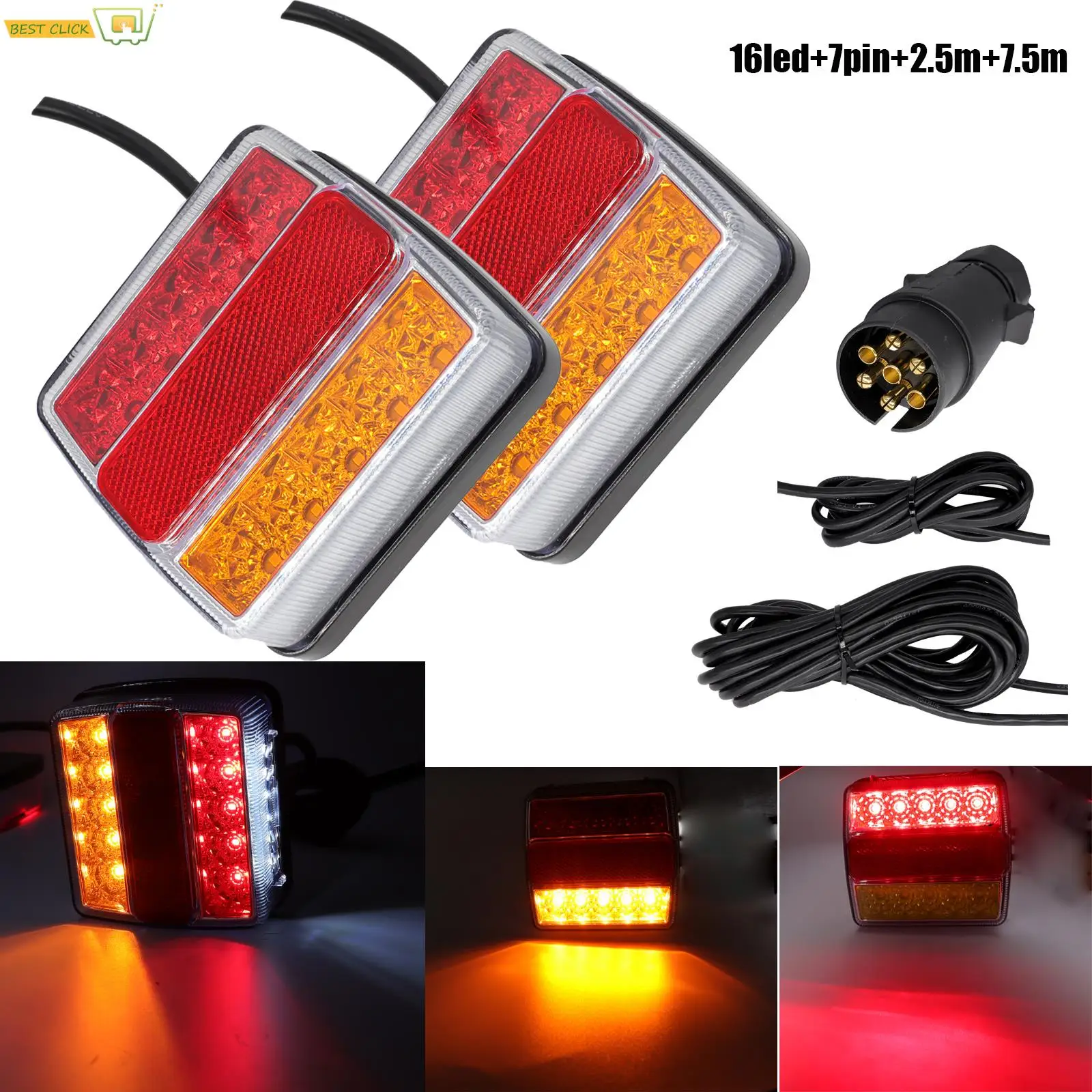 X2 Rear Towing Tail Lights 12V 10m Line 7 Pin Kit Universal Brake Stop Indicator Lamp License Number Plate Waterproof Reflector For Trailer Socket,Trailer Plug Socket,Trailer Plug