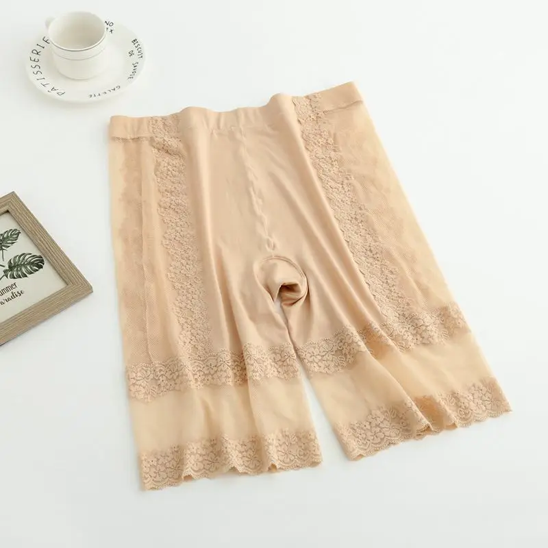 New women Large size sexy lace antiwiping safety pants Female high waist tummy modal transparent mesh shorts 145kg