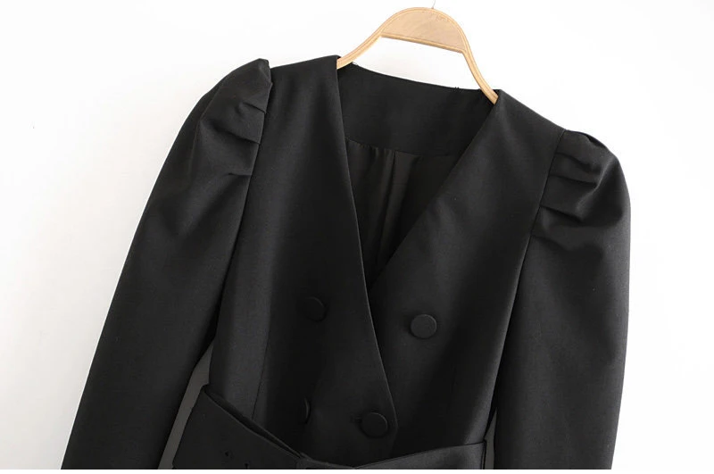 Черные женские куртки с элегантным поясом, женские модные двубортные куртки, женские офисные платья