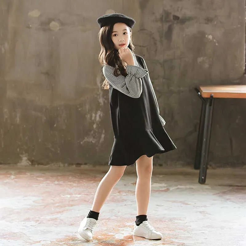 school lantern sleeve cotton dress teenager girl plaid patchwork kids dresses for girls 10 14 12 9 4 years autumn spring winter