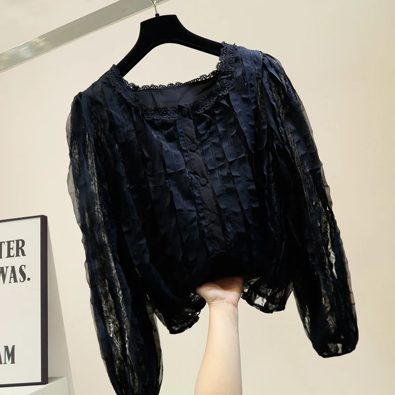 

Small Square Collar Single Breasted Loose-Fit Shirt Womens Lace Panel Temperament Top Ruffles Shirt Girls Student Blouse Tops