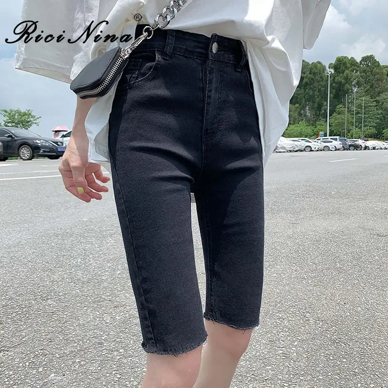 RICININA Jean Shorts Women High Waisted Zipper Buttons Pocket Short Femme T Jeans Mujer Summer Casual Plus Size Streetwear - Color: Black Jean Shorts