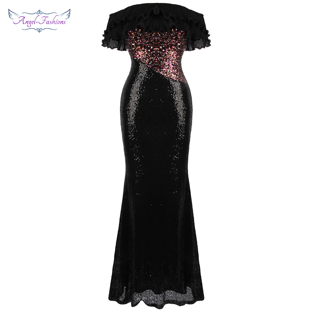 Angel-fashions женское платье с вырезом лодочкой шифоновое длинное вечернее блестками