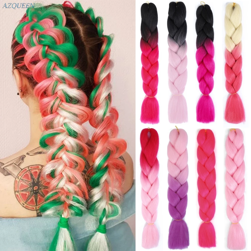 AZQUEEN Jumbo extensiones sintéticas trenza cabello falso 100g 24 pulgadas Single Color degradado rosa al por mayor trenzado