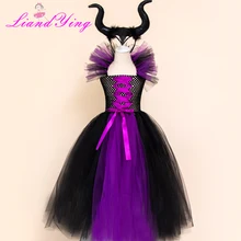 Maleficent/черный халат; платье-пачка с роскошными рогами; нарядное платье из тюля ручной работы для девочек; Детский костюм ведьмы для косплея на Хэллоуин