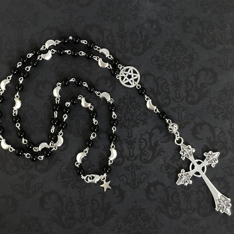 Gothic Rosary Necklace - Gothic Prayer Beads, Pentagram Necklace, Beaded Trad Goth Necklace, Gothic Cross Necklace - Image 2