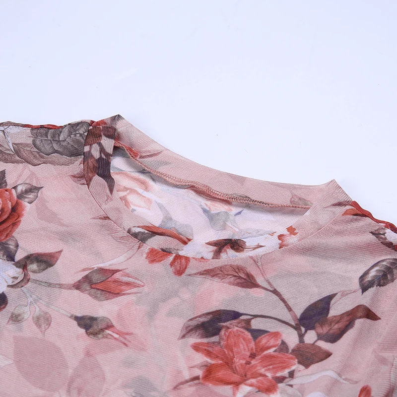 2020 Summer Ladies Slim Fit Leotard Jumpsuit Body T shirts Bodysuit Women Mesh Sheer Long Sleeve Floral Print Romper Skinny Tops