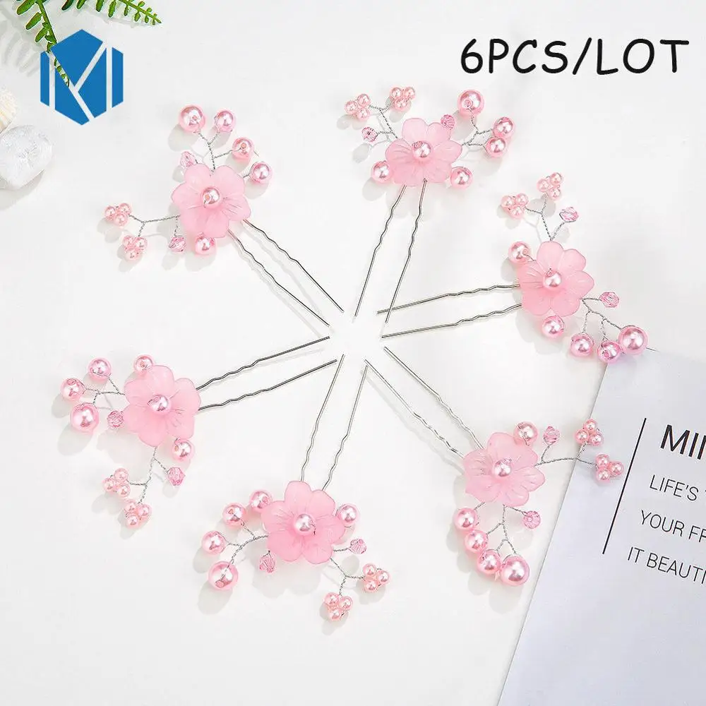6pcs pink flower М мизм, корейская мода, для женщин, девушек, цветок, стиль волос, инструмент, заколка для волос, шпилька, кристалл, палочка для волос, свадебные, вечерние, аксессуары для волос - Цвет: 6pcs pink flower