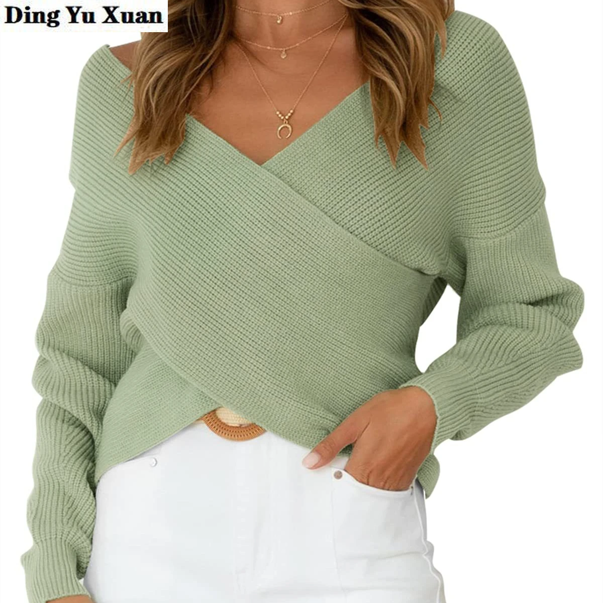 

Women's Long Sleeve V Neck Cross Front Casual Loose Knitted Pullover Sweaters Sexy Club Long Sleeve Jumper Elastic Tops Femme