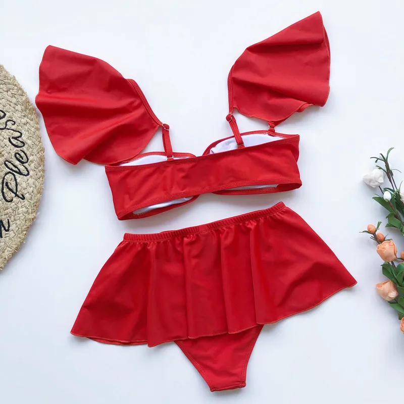 Ruffle Three Pieces Bikini High Waist Swimwear High Cut Swimsuit Belted Bathing Suit Ruched Beach Wear String Strap Biquini 2020 Ruffle Three Pieces Bikini High Waist Swimwear High Cut Swimsuit Belted Bathing Suit Ruched Beach Wear String Strap Biquini 2020