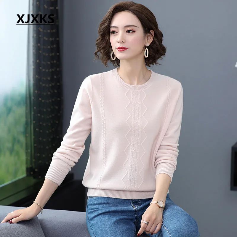 XJXKS осень зима свободный женский свитер размера плюс удобный теплый 100 шерстяной вязаный свитер женский пуловер - Цвет: Розовый