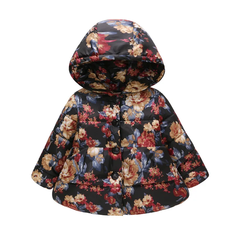 Детское пальто с капюшоном и цветочным рисунком для девочек; зимнее пальто для девочек; детская куртка для девочек; детская одежда; хлопковая парка; Верхняя одежда на пуговицах - Цвет: Navy red flowers