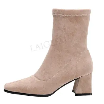 

LAIGZEM 2020 Real Suede Women Ankle Boots Mid Chunky Heels Slip on Sock Boots Winter Shoes Woman Botas Mujer Size 40 41 42 43