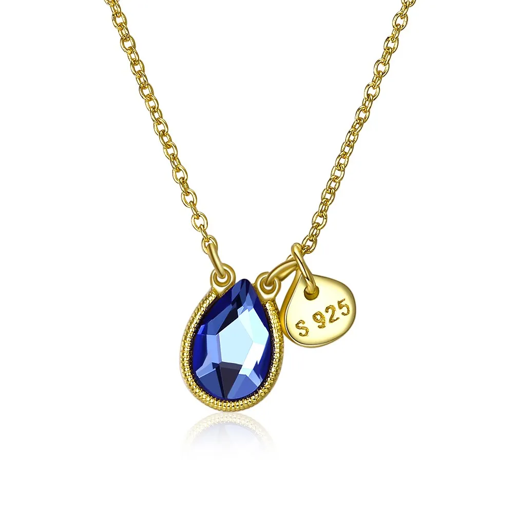 

S925 Women's Sterling Silver Clavicle Necklace Blue Crystal Drops Romantic Double Pendant Give a gift to a beloved girl