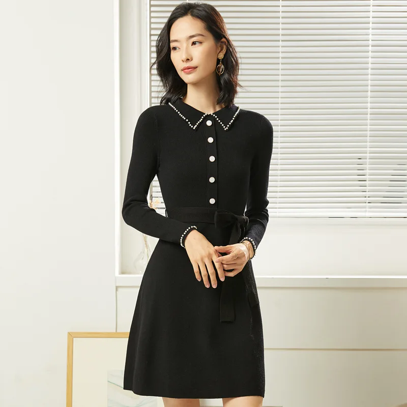 Spring and Autumn New European and American Women's Fashion Waist Temperament A-line dress Lapel Beaded Long Sleeve Dress 19081