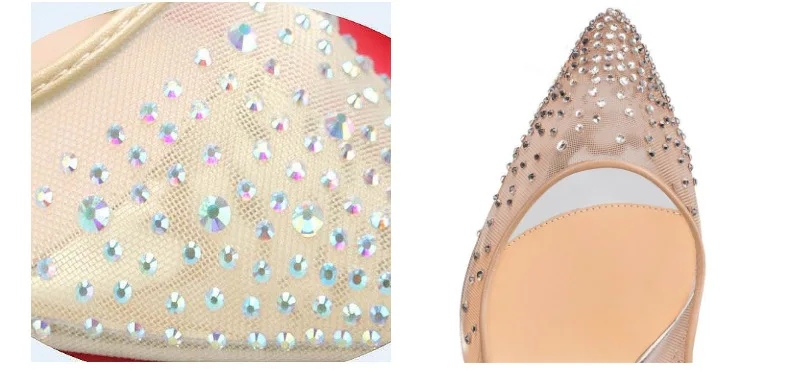 summer Classic Women's Fashion Single Shoes Pointed Rhinestone Mesh Breathable High Heels Red Bottom