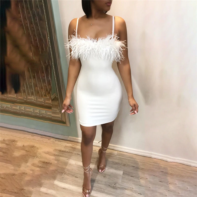

Feather Spaghetti Strap Sexy Dress Backless Sleeveless Low Cut Women Summer Bodycon Mini Dresses Night Party Club Three Colors