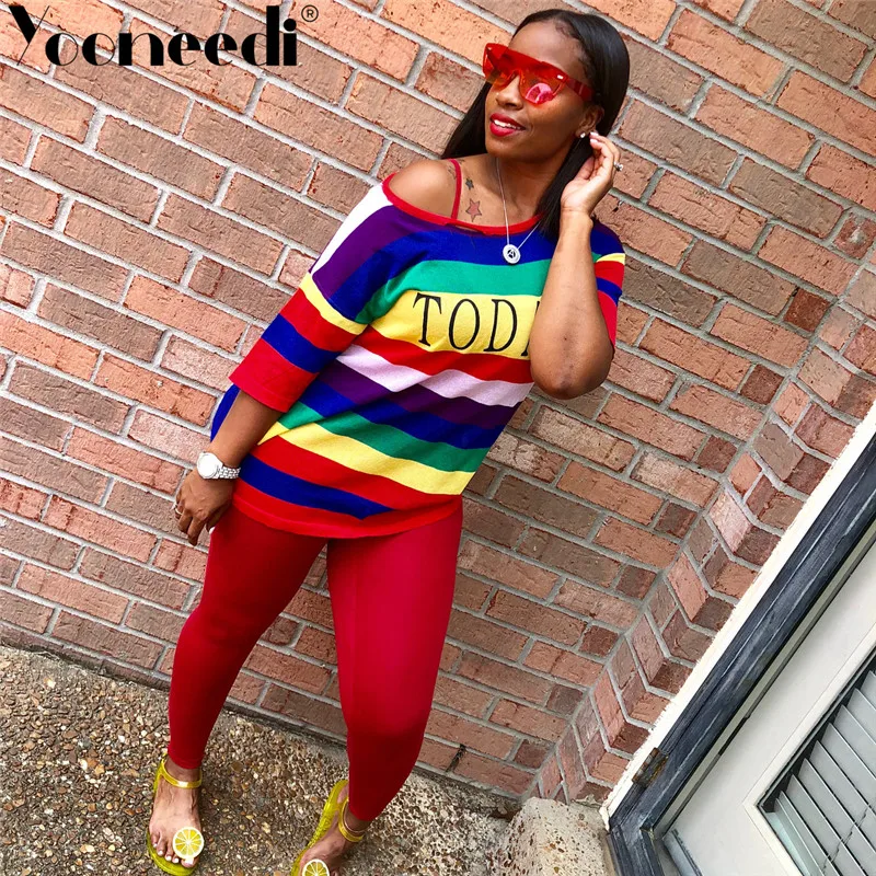 

Yooneedi 2019 Autumn Design Casual 2 pcs Women Set Color Striped O-neck Full Sleeve Tops And Long Pants CX-136