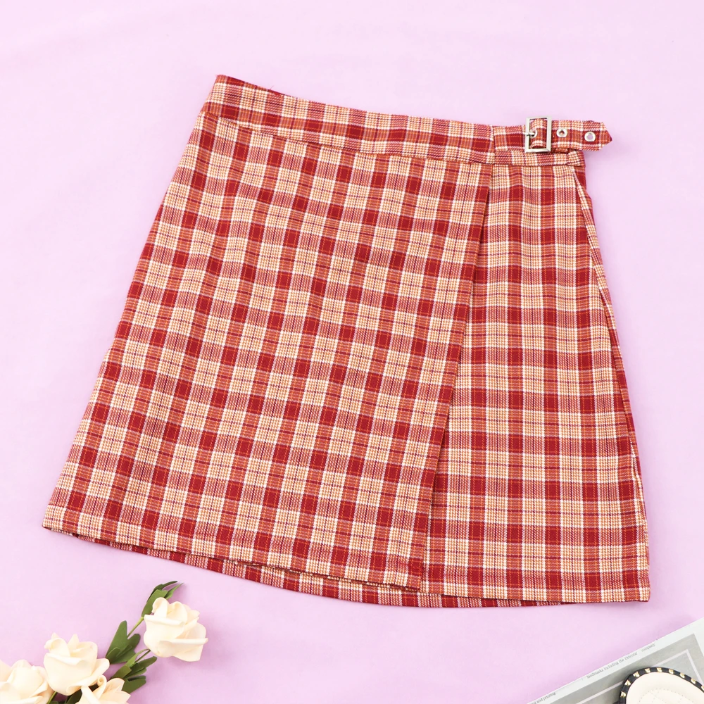 

Women Red and Orange Print Mini Skirts Two Small Front Slits Plaid Mini Skirt with Side Zipper 2020 new za vadi mini Skirts
