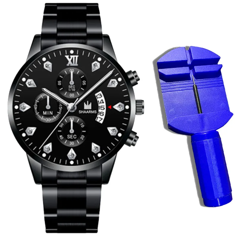 2021 Luxury Brand SHAARMS Alloy Strap Men's Watch Diamond Waterproof Quartz Watch for Men's Analog Three-eye Calendar Male Clock 
