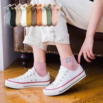 

Japanese Cartoon Embroidery Solid Ankle Socks Women Fashion Korean Summer Cotton Soft Colorful Cute White Female Low Top Socks