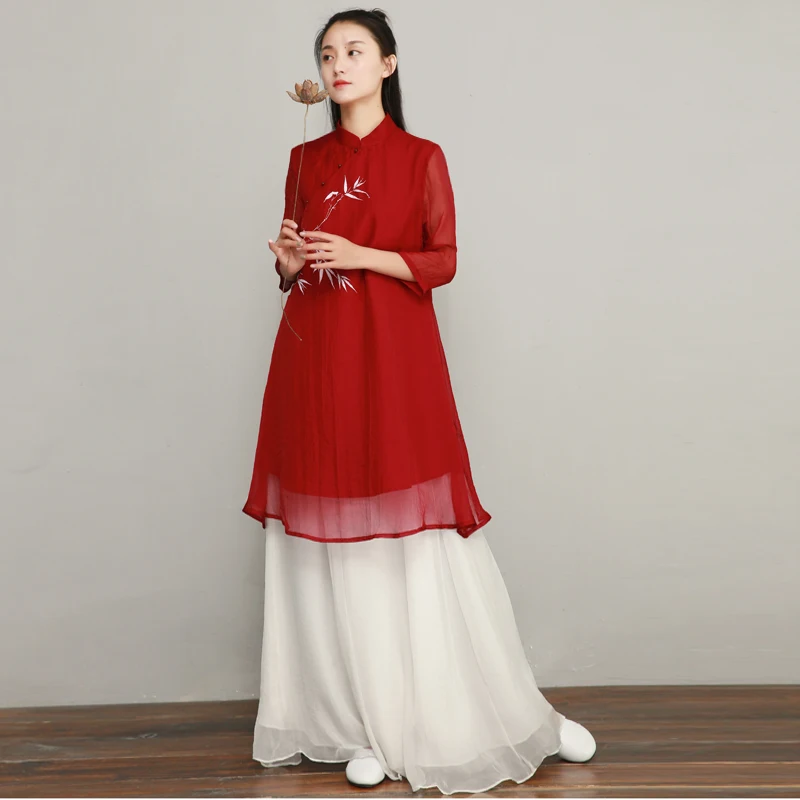 

2019 Vintage Casual Retro Chinese Style qipao vintage Mandarin Collar cheongsam cotton linen Zen Meditation Tea Dress