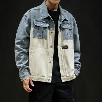 

2020 Spring Denim Jacket New Casual Plus Size Mens Baseball Work Jackets Patchwork Turn-down Collar Jacket Cotton 5XL