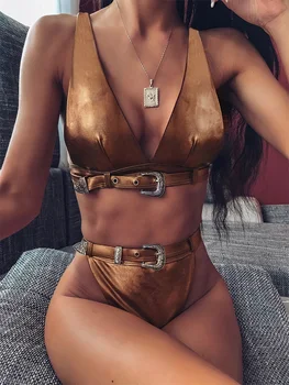 

New 2020 Gold Bikini Sets High Waist Swimsuit Women Swimwear with Belt Thong Swimming Suit Bathing Suit Biqiuni