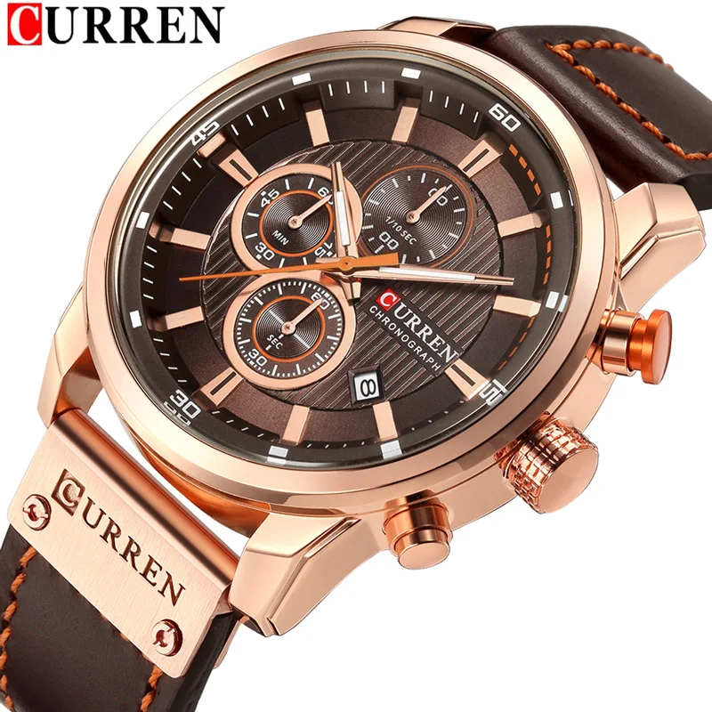 CURREN Top Brand Men Watch Chronograph Waterproof Sports Luxury Male Clock Military Quartz Date Leather Wristwatch Reloj Hombre afbeelding